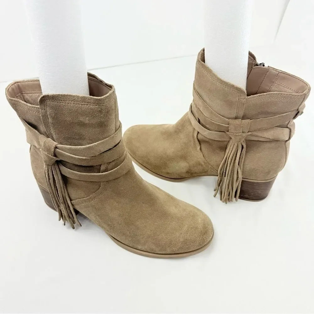 Kookaburra by UGG KENZ Taupe Suede Wrap Tassel Strap Heeled Ankle Boots